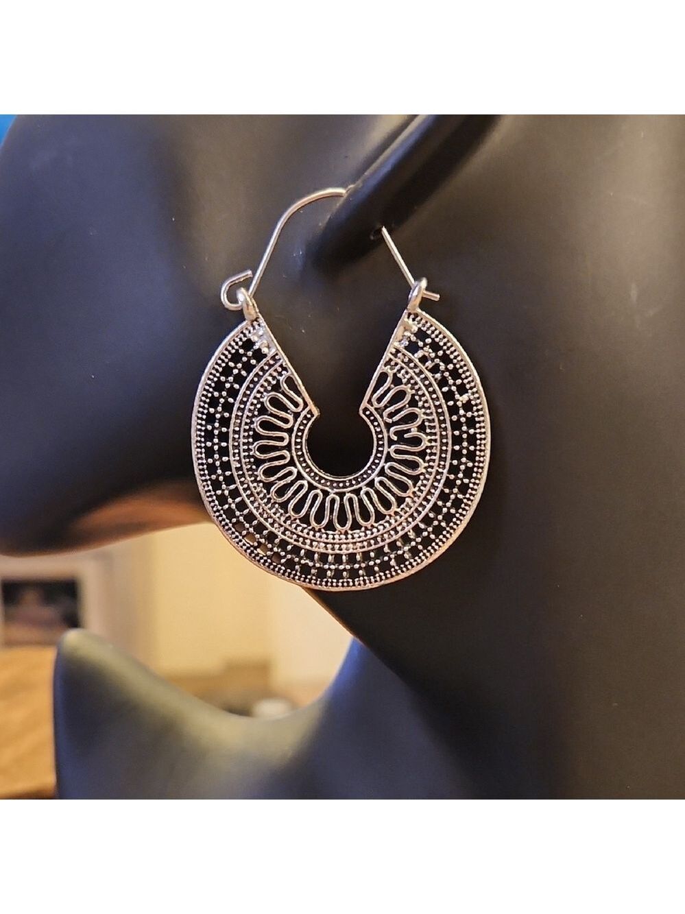 Silver Filigree Crescent Earrings